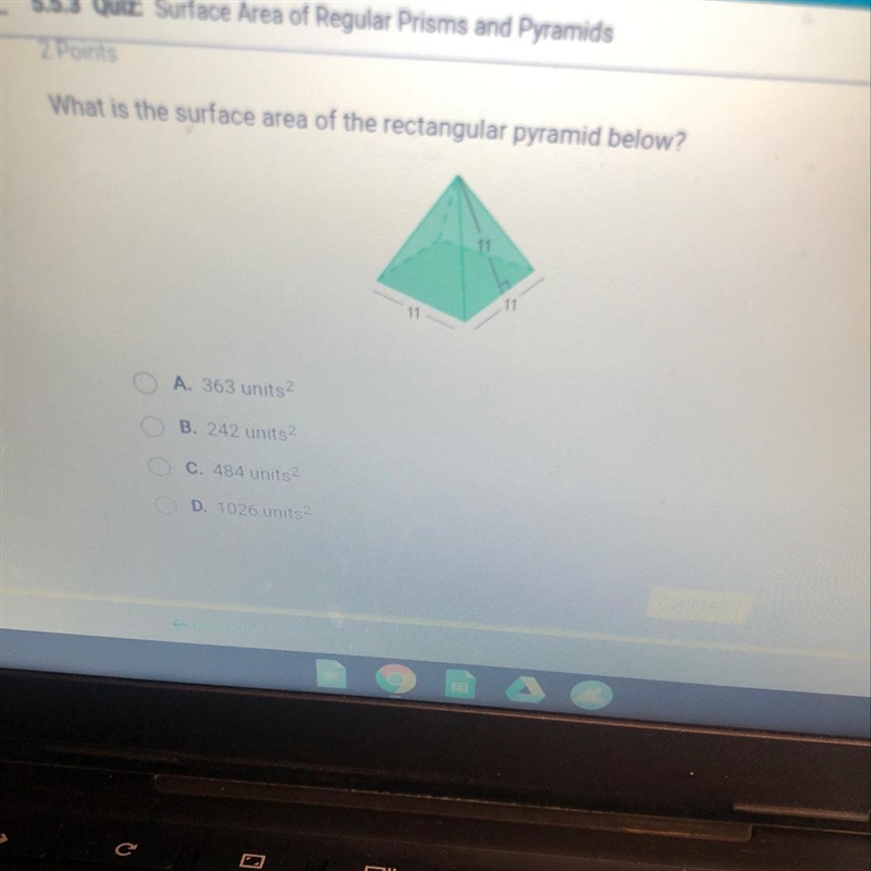 What is the surface area or the rectangular pyramid below? Please help me out-example-1