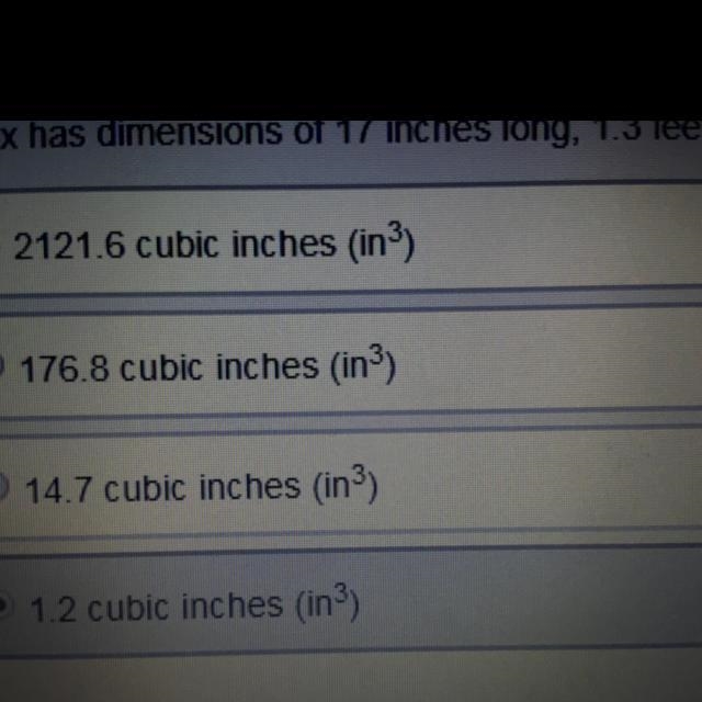 A box has dimensions of 17 inches long, 1.3 feet wide,and 8inches high. What is the-example-1