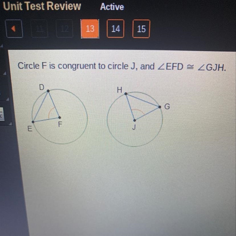 Circle F is congruent to circle J, and ZEFD = ZGJH. m ZDFE = 80'. What is the measure-example-1