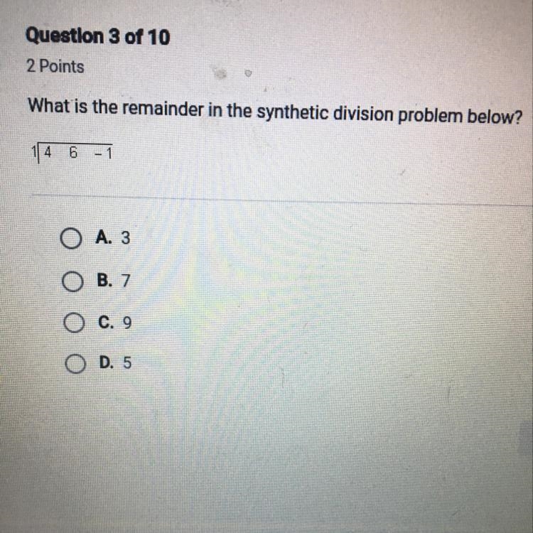 What is the remainder in the synthetic division problem below?-example-1