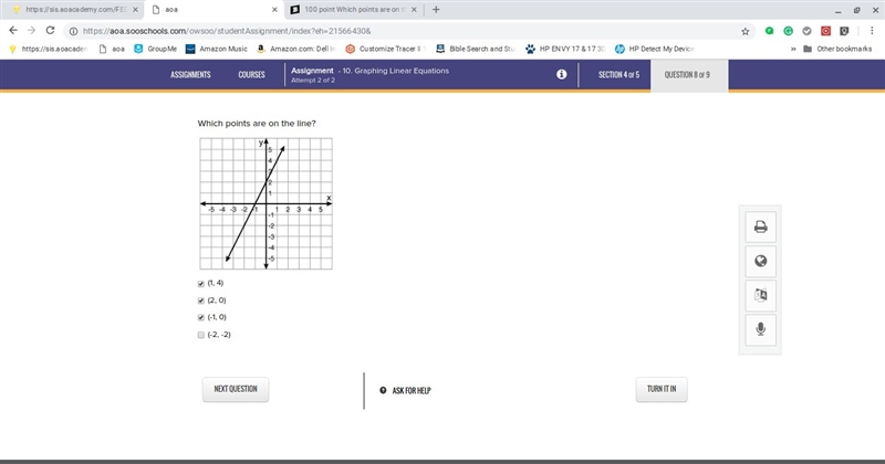 100 point Which points are on the line? (1, 4) (2, 0) (-1, 0) (-2, -2)-example-1