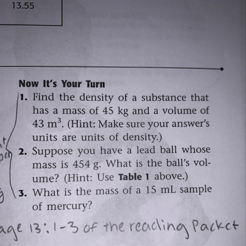 Find the Density of a substance that has a mass of 45 kg and a volume of 43 m 3-example-1