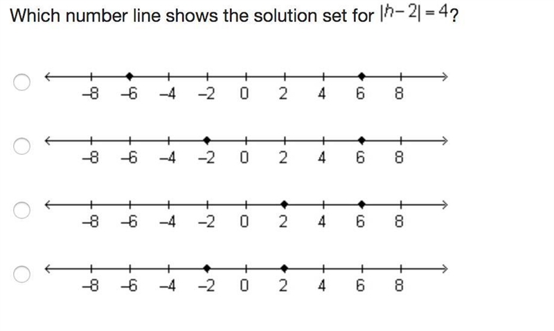 Which number line shows the solution set for |h-2| = 4-example-1