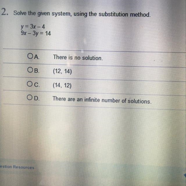 Solve the given system, using the substitution method. y= 3x-4 9x-3y= 14-example-1