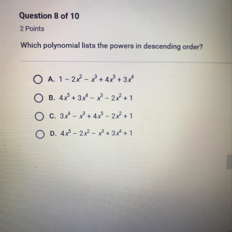 Which polynomial lists the powers in descending order ?-example-1