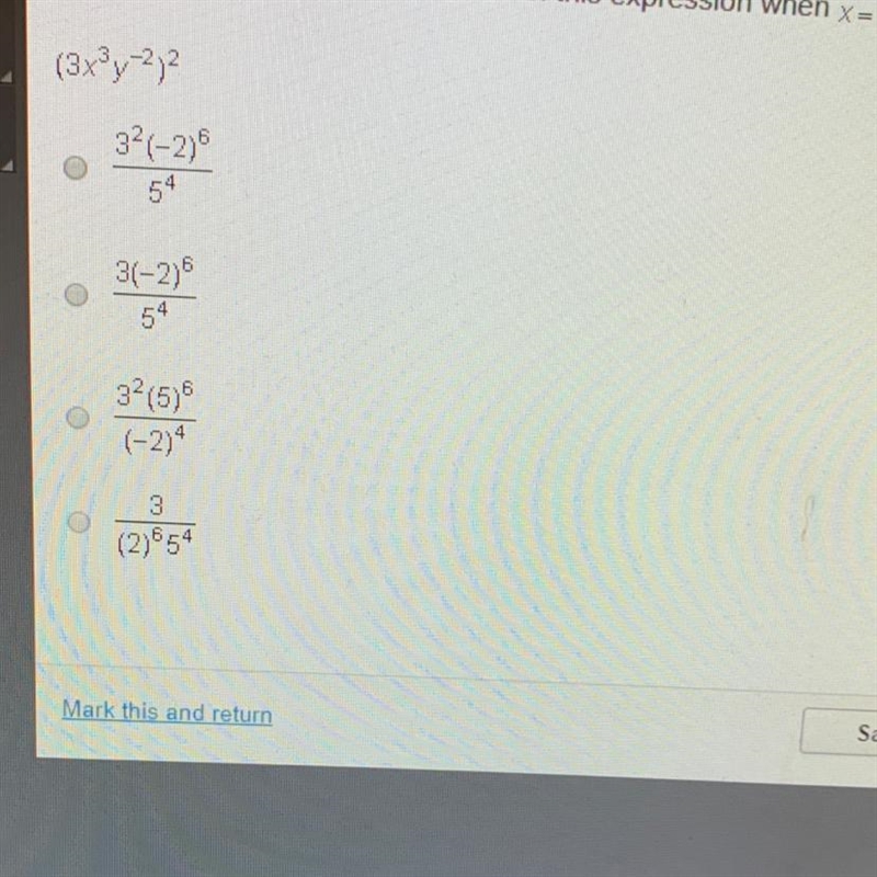 Which shows how to find the value of this expression when X=-2 and Y = 5? (3x3y=272 31-216 (-2)4 21954-example-1