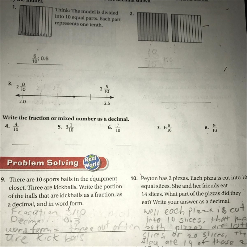 Write the fraction or mixed number as a decimal 1. 4/10 2.3 1/10 3.7/10 4. 6 5/10 5. 9/10-example-1