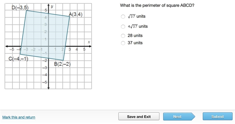 On a coordinate plane, square A B C D is shown. Point A is at (3, 4), point B is at-example-1