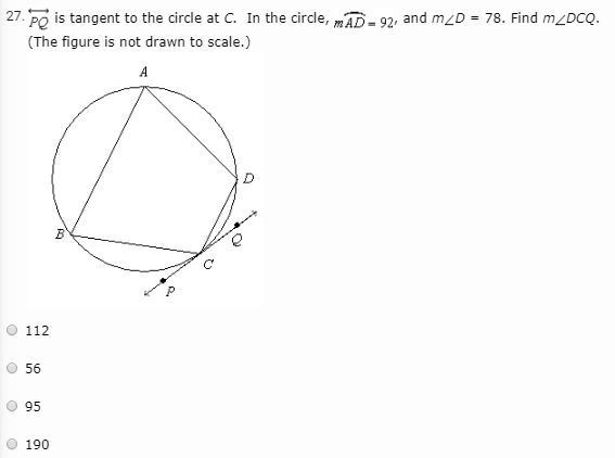 PQ is tangent to the circle at C. In the circle, m (The figure is not drawn to scale-example-1