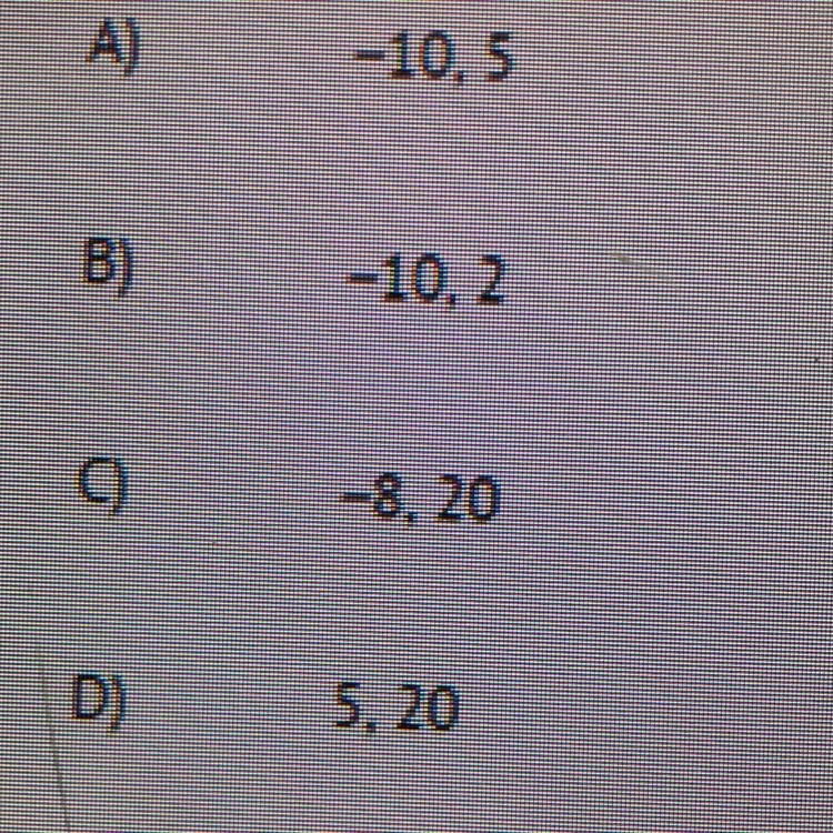 Find all of the zeros of f(x) = 5x^2 +40x-100 (Multiple choice is up above) if it-example-1