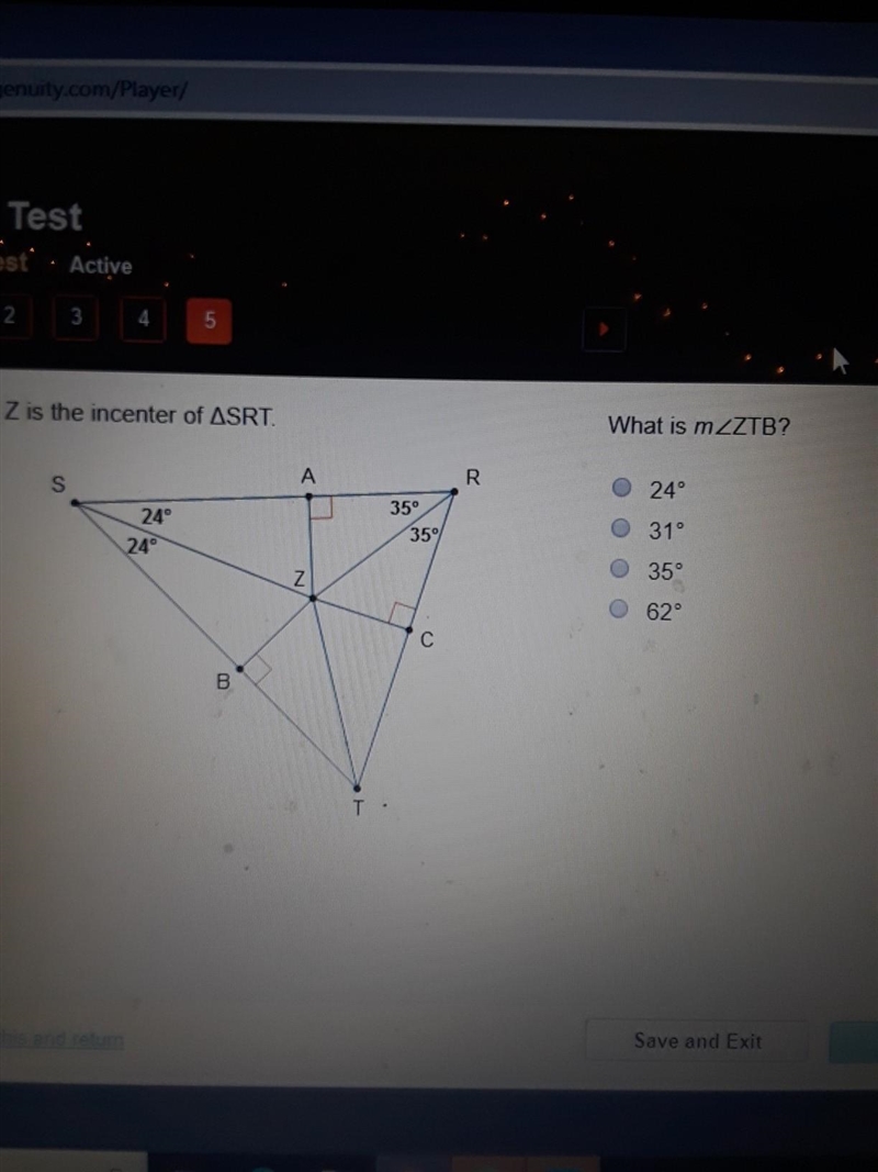 Point Z is the incenter of triangle SRT , what is the measure of ZTB​-example-1