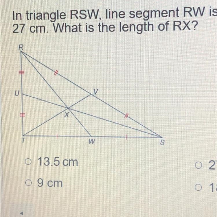 In triangle RSW, line segment RW is a median and is equal to 27 cm. What is the length-example-1