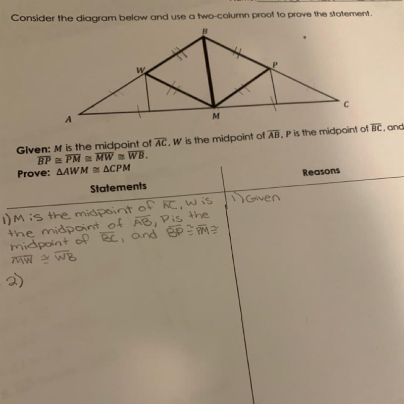 Prove that triangle AWM is congruent to triangle CPM using a two column proof-example-1