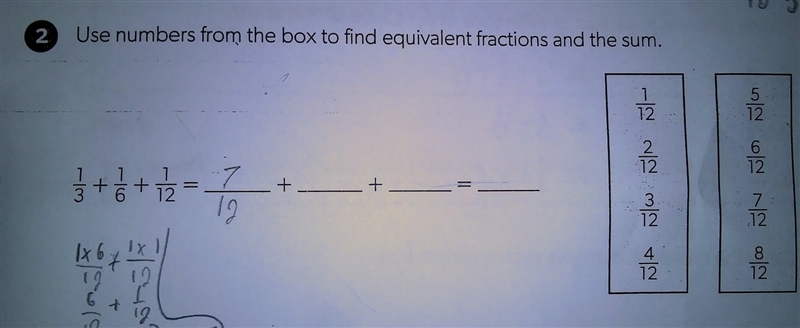 Use numbers from the box to find the equivalent fractions and the sum.​-example-1