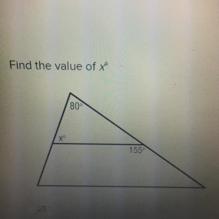 Find the value of x A.25 B.85 C.75 D.105-example-1