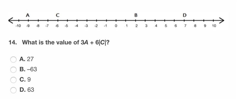 14. What is the value of 3A + 6|C|? A. 27 B. –63 C. 9 D. 63-example-1