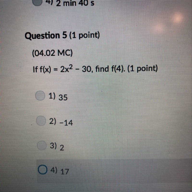 If f(x)=2x^2-30 find f(4)-example-1