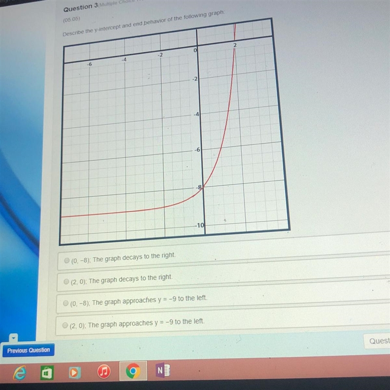 Describe the y-intercept and end behavior of the following graph:-example-1