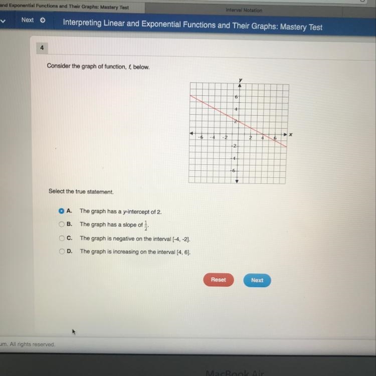 Is the answer A the graph has a y intercept of 2 B the graph has a slope of 1/2 C-example-1