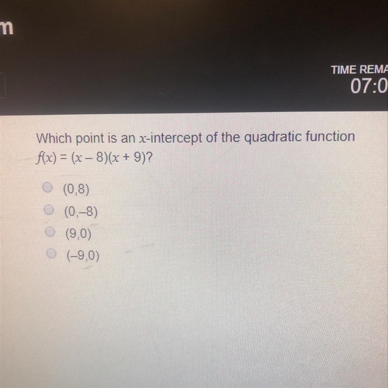 Which point is an x-intercept of the quadratic function f(x)=(x-8)(x+9)?-example-1