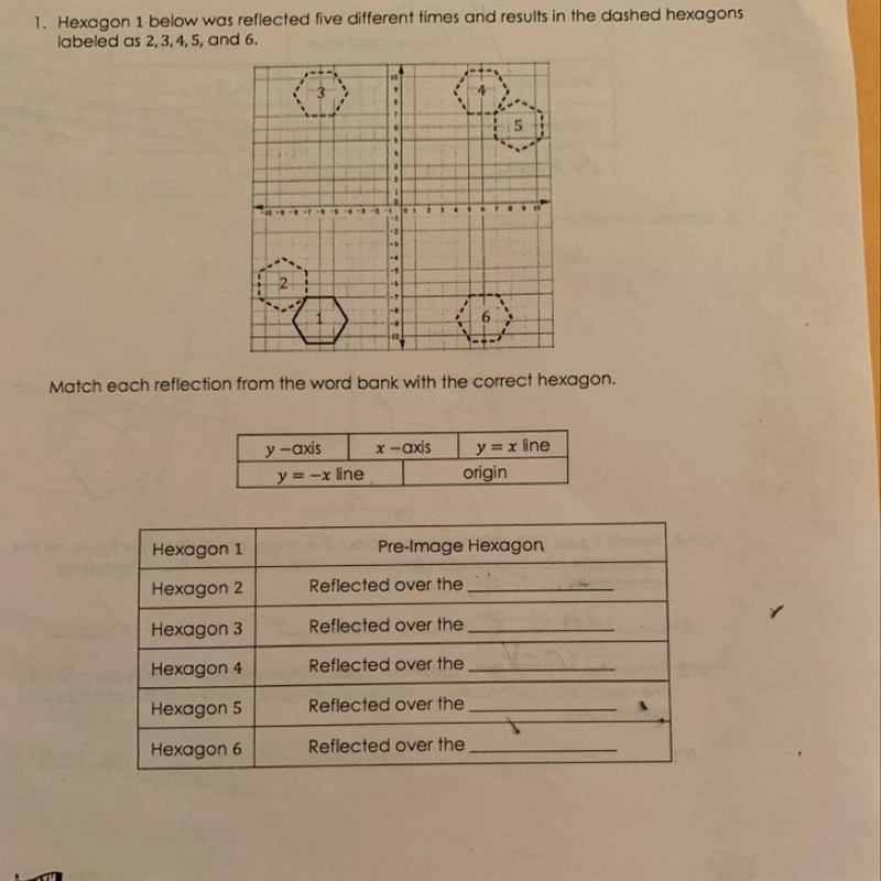 Match each reflection from the word bank with the correct hexagon-example-1