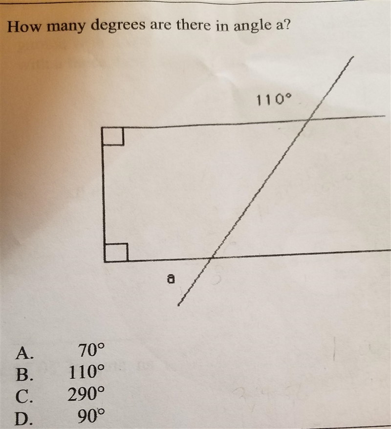 Multiple choice How many degrees are in angle A?-example-1