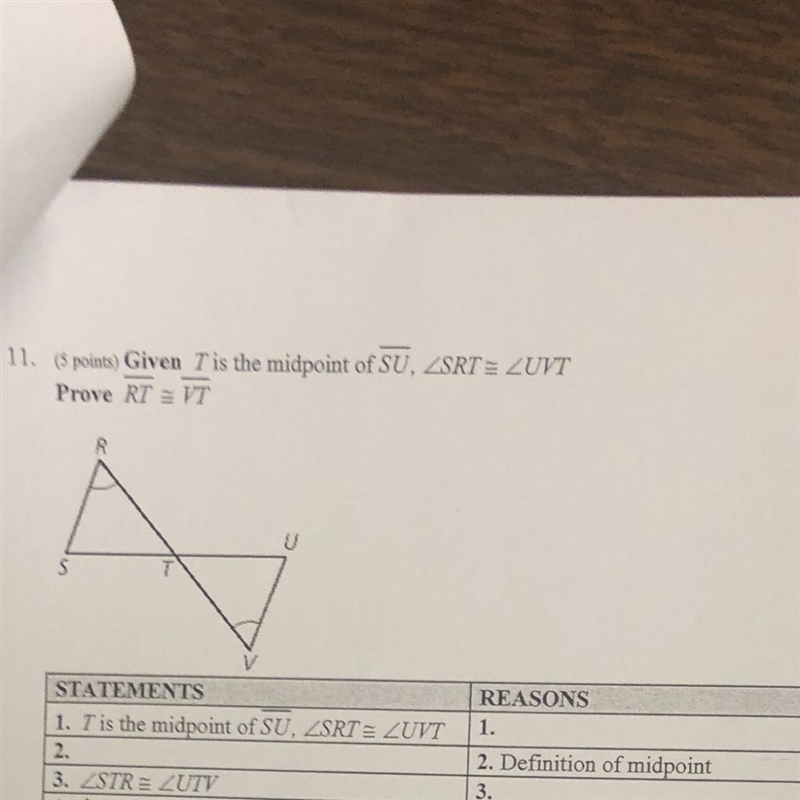 Given T is the Midpoint SU, SRT=UVT. PROVE RT=VT-example-1