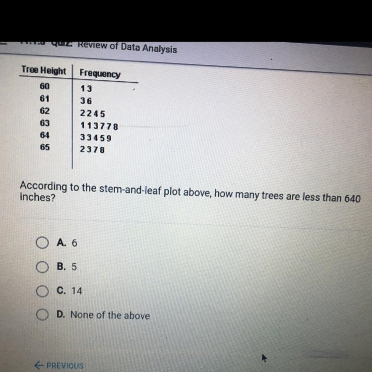 According to the stem-and-leaf plot above, how many trees are less than 640 inches-example-1
