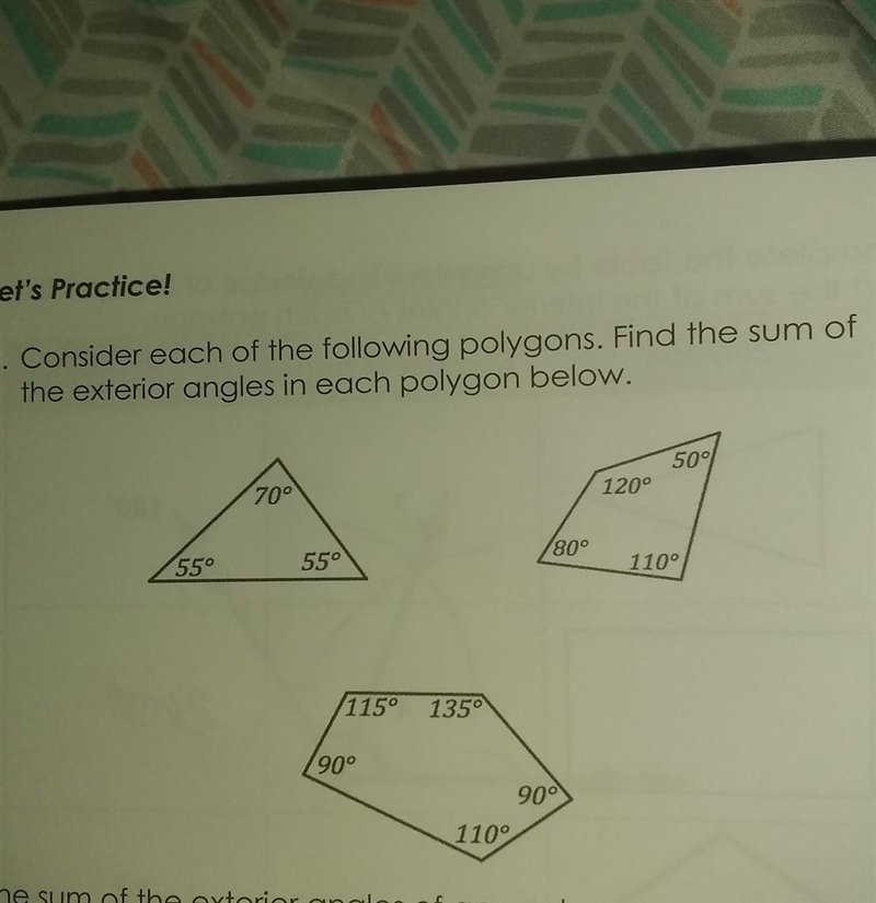 I NEED HELP ASAP!! Consider each of the following polygons. Find the sum of the exterior-example-1