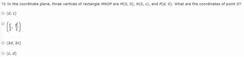 In the coordinate plane, three vertices of rectangle MNOP are M(0, 0), N(0, c), and-example-1