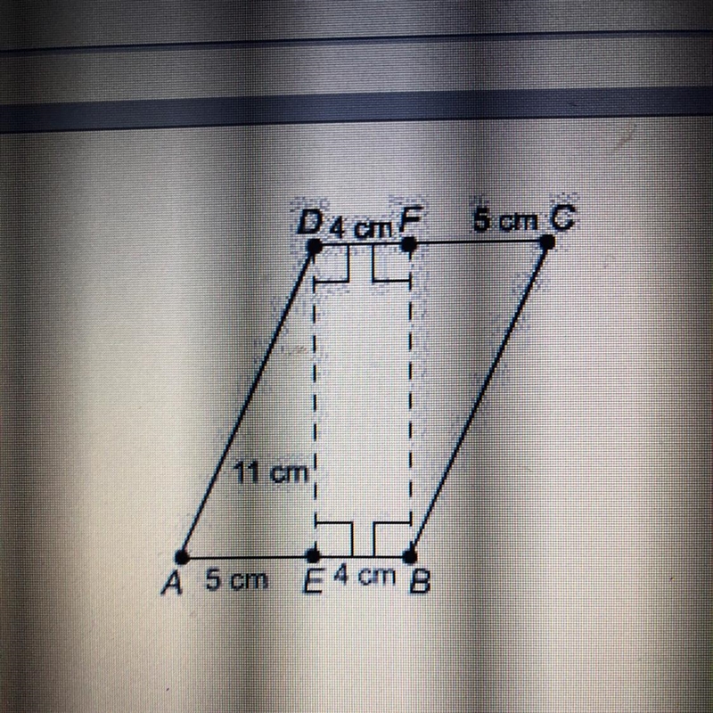 What is the area of this parallelogram A 44 cm B 55cm C 99 cm D 220 cm-example-1