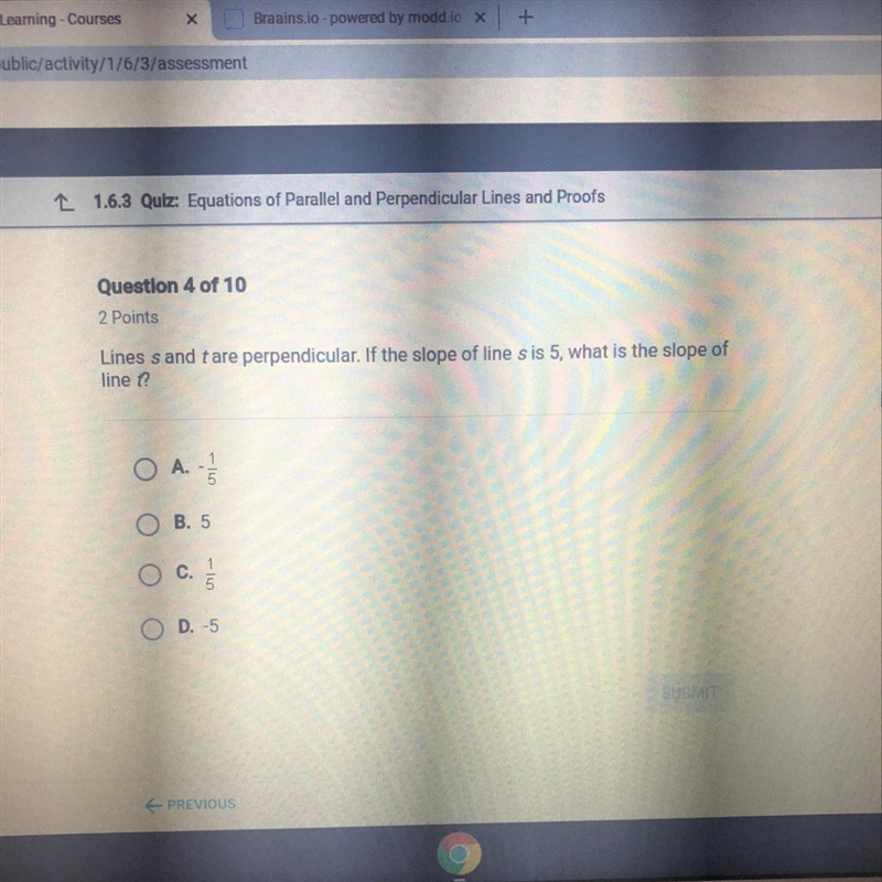 Lines s and L are perpendicular.If the slope of the line s is 5, what is the slope-example-1