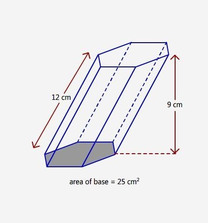 What is the volume enclosed by the slanted prism in the diagram? A. 225 cm3 B. 270 cm-example-1