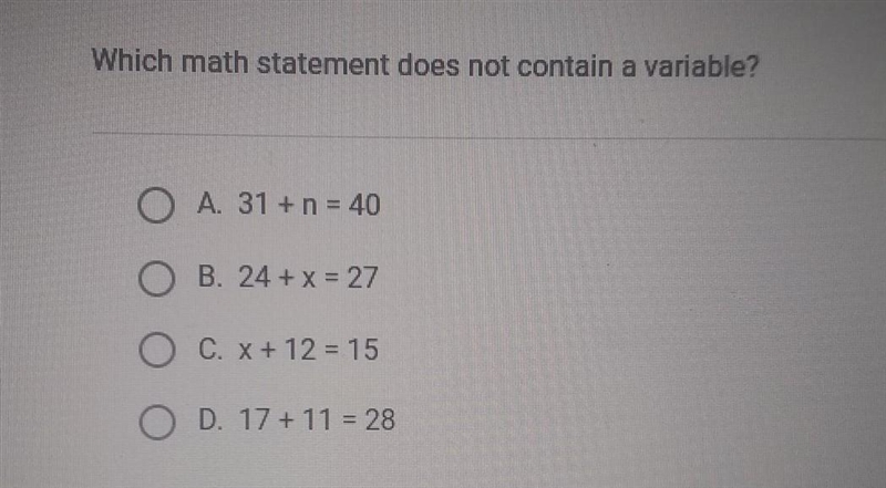 Which math statement does not contain a math variable ?​-example-1