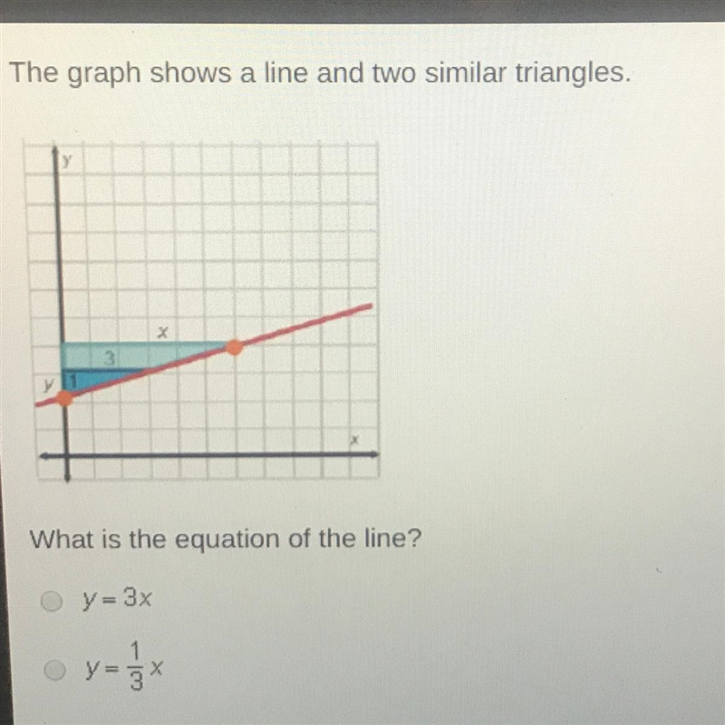 What is the equation of the line? y=3x Y=1/3x Y=1/3x+2 Y=3x+2-example-1