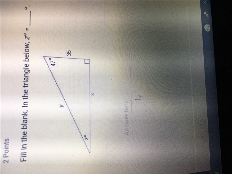 Fill in the blank. In the triangle below, z^o=______^o.-example-1