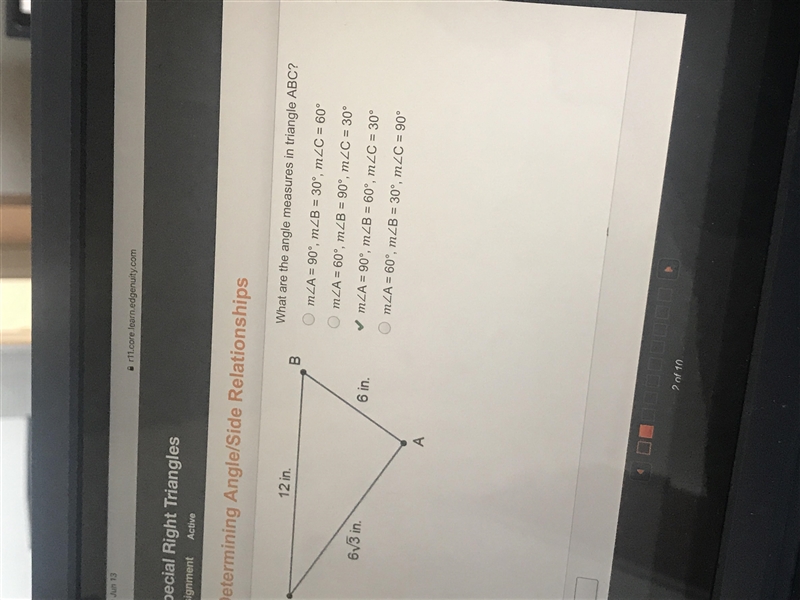 Determining angle side relationships What are the angle measures in trainable ABC-example-1