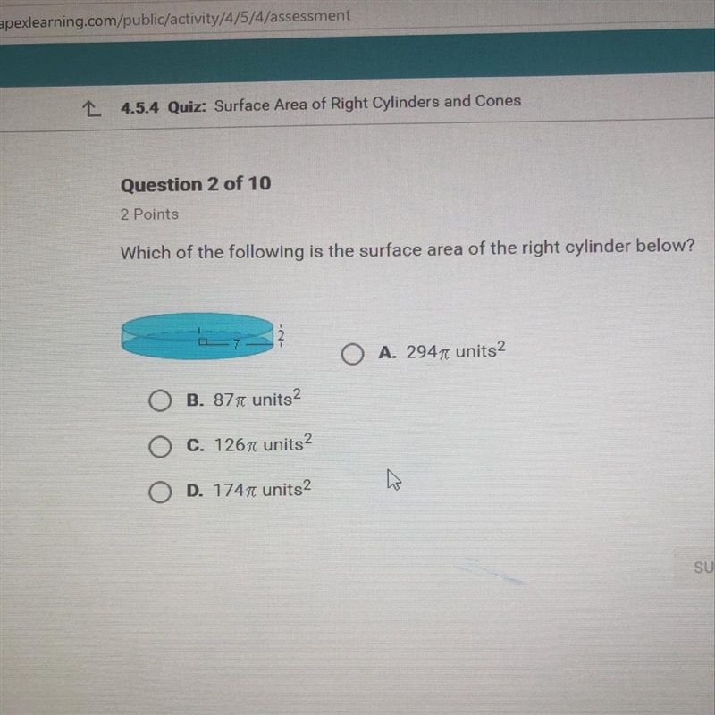 Which of the following is the surface area of the right cylinder below? O A. 2947 units-example-1