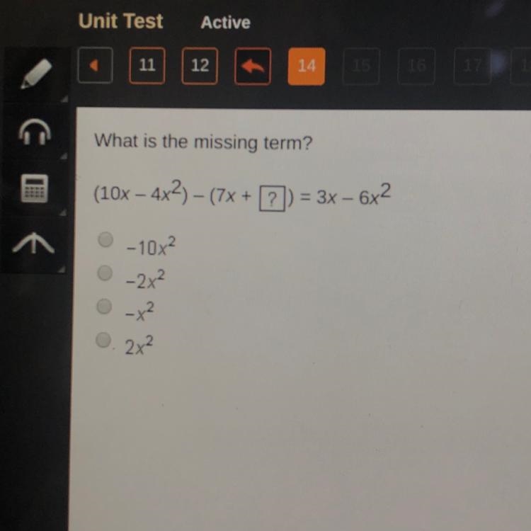 Which is the missing term? (10x - 4x^2)-(7x+ ? ) = 3x-6x^2-example-1