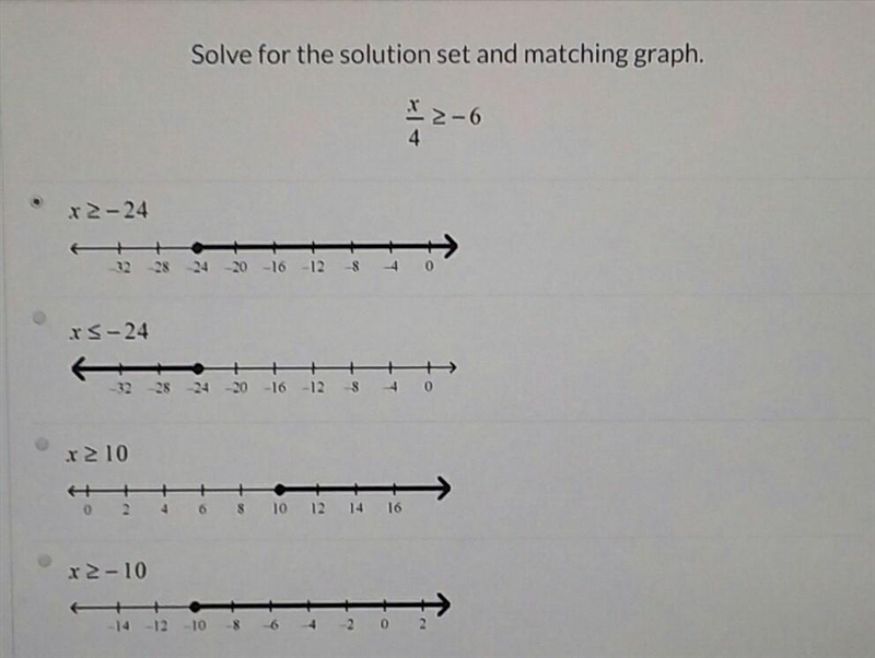 Please answer! Solve for the solution set and matching graph. X/4 is greater than-example-1