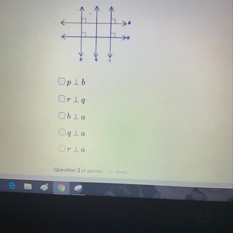 Which lines are perpendicular don’t assume choose all the correct statements P b R-example-1