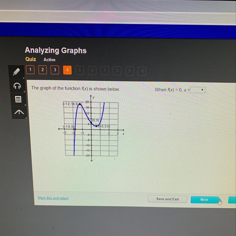 The graph of the function f (x) is shown below. When f(x)=0,x=?-example-1