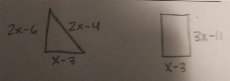 The triangle and rectangle have the same perimeter. Write and solve an equation to-example-1