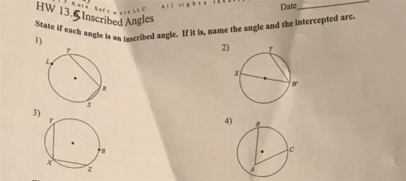 State if each angle is an inscribed angle. If it is name the angle and the intercepted-example-1