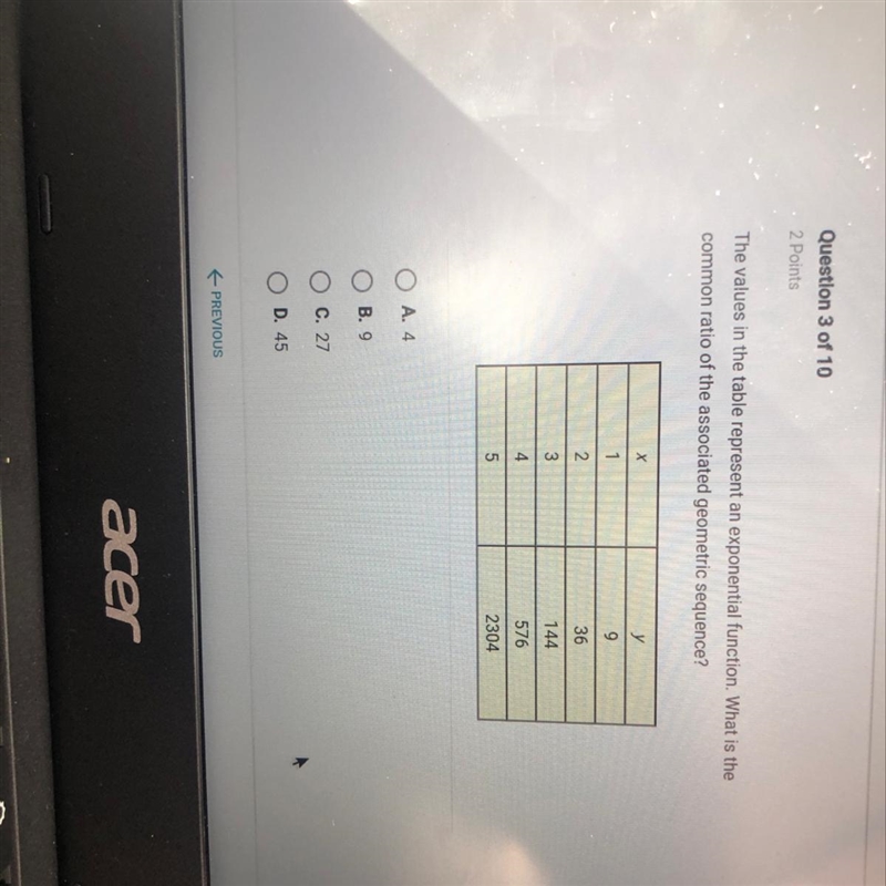 The values in the table represent a exponential function. What is the common difference-example-1