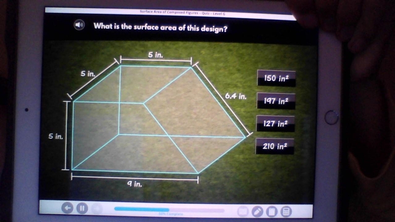 What is the surface area of this design? 5 in 5 in 6.4 in 5 in 9 in a. 150 in squared-example-1