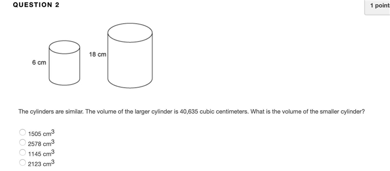 The cylinders are similar. The volume of the larger cylinder is 40,635 cubic centimeters-example-1