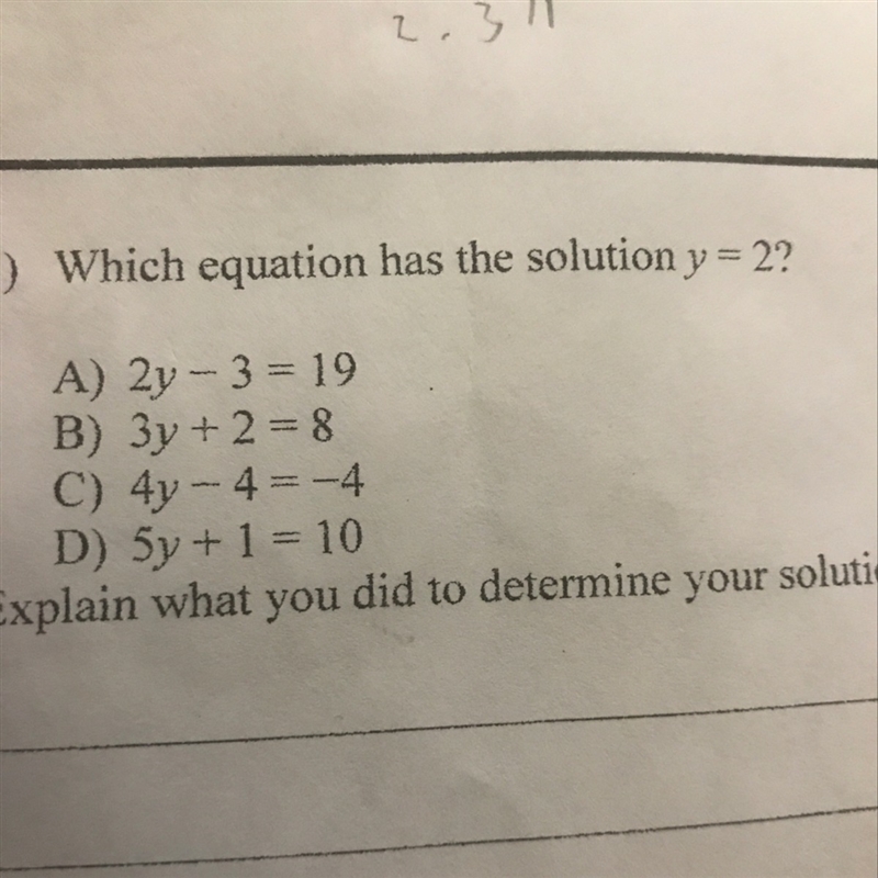 Which equation has the solution y=2?-example-1