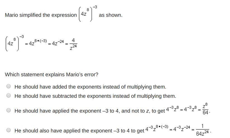 Mario simplified the expression as shown. Which statement explains Mario’s error?-example-1