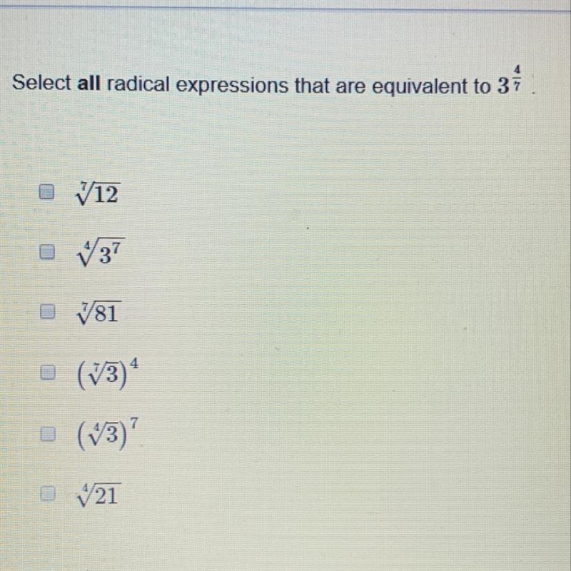 Select all radical expressions that are equivalent to 37. helppppp!-example-1